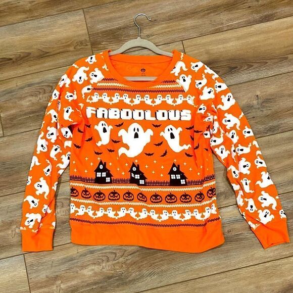 Halloween FABOOLOUS orange ghost, bats and haunted house sweatshirt size LG - Picture 1 of 7